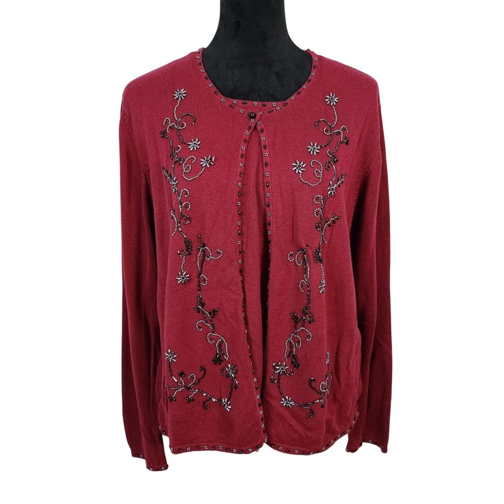 Vintage 90s CLAUDIA D Size XL Cranberry Red Beaded Mock Twinset Cardigan Sweater